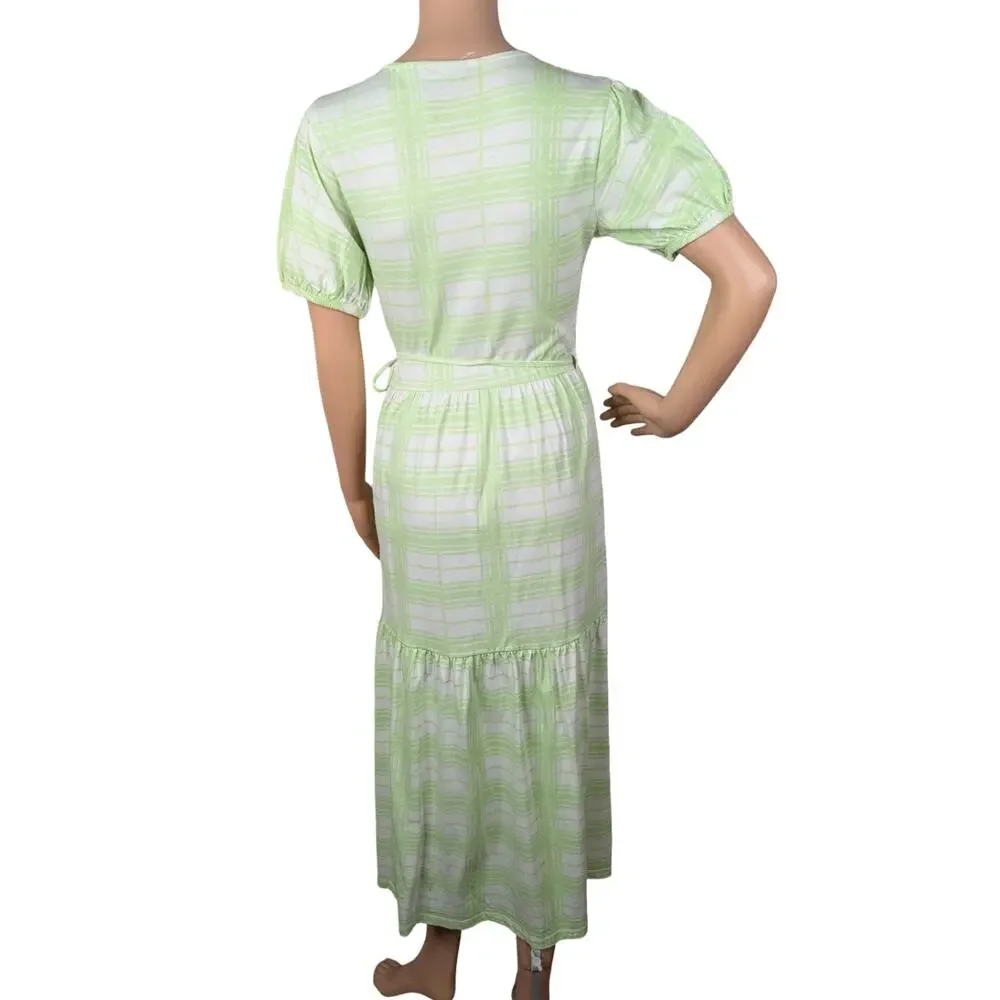 ASOS Pastel Green Plaid Cotton Jersey Wrap Midi Dress 4 Puff Sleeve Gingham